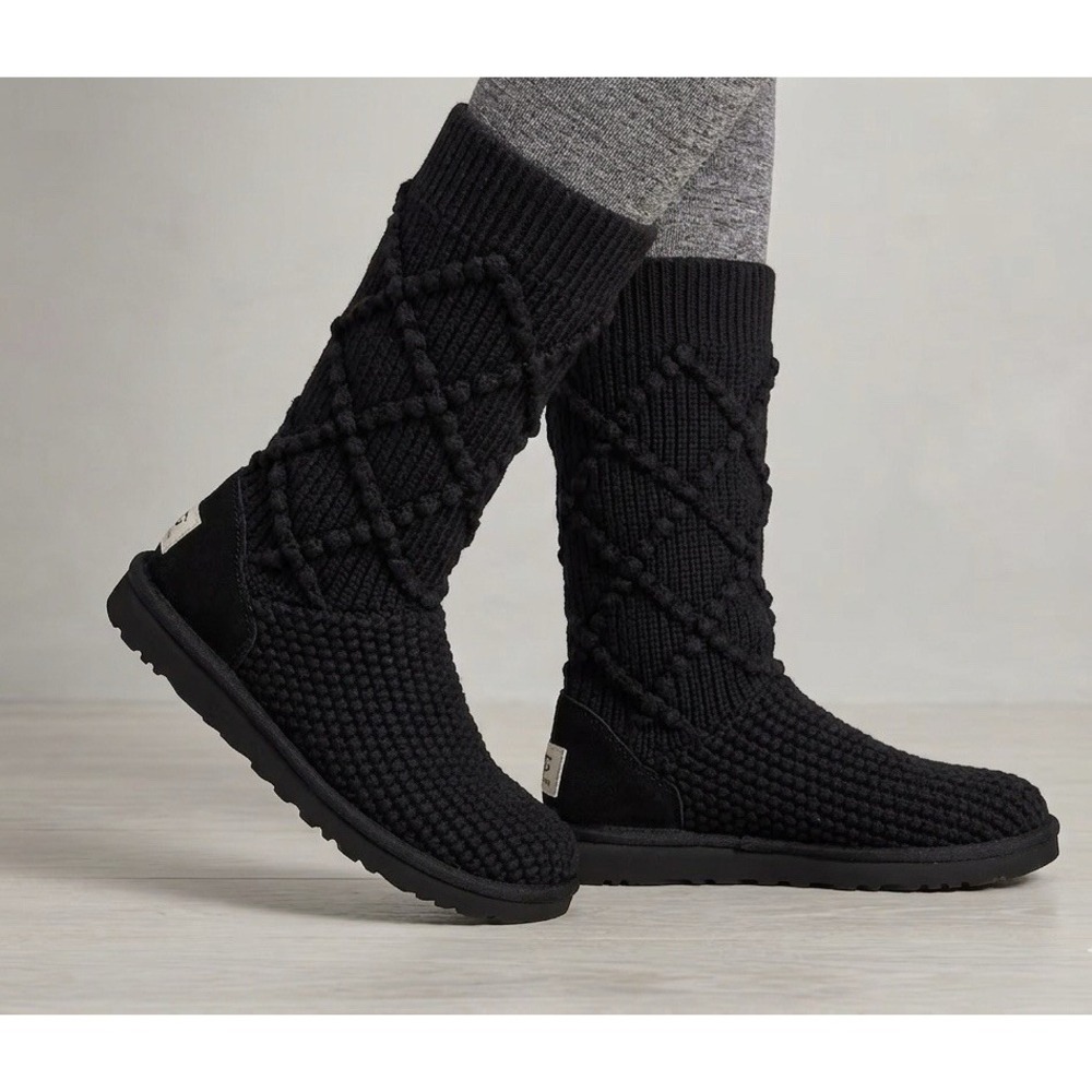UGG Classic‎ Argyle Women's Boots Size 6 Black Knit Knee High Pull On Boots
